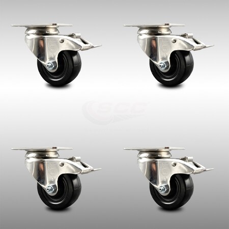 Service Caster 3.5 Inch 316SS Hard Rubber Wheel Swivel Top Plate Caster Set Total Lock Brake SCC-SS316TTL20S3514-HRS-4